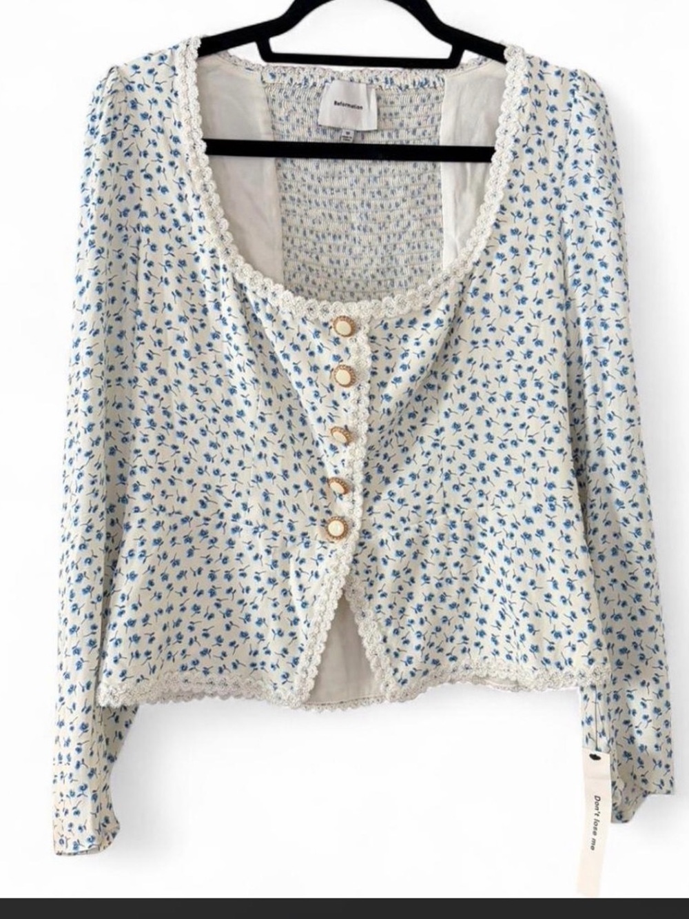 Reformation Nikky Top Floral Button-Front Long Sleeve Lace Trim Top